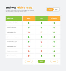 Wall Mural - modern pricing table template with checklist for website interface design