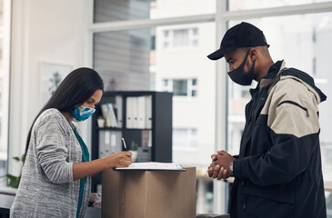 Poster - A fast and efficient delivery Ill sign for that. a masked young woman signing for a delivery received at home.