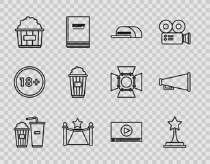 Sticker - Set line Popcorn and soda drink glass, Movie trophy, Cap with inscription director, Carpet barriers star, cardboard box, Online play video and Megaphone icon. Vector