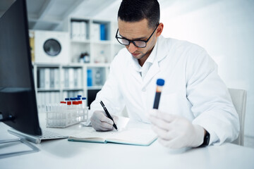 Poster - Now you know where your blood test goes. a young scientist conducting medical research on blood in a laboratory.