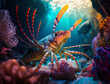 Spiny lobster in vibrant coral reef