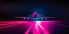 A Bright Coloured Airplane Landing In A Runway With Colorful Lights On