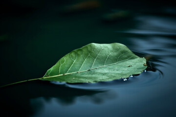 green leaf floats in dark water. AI generated content