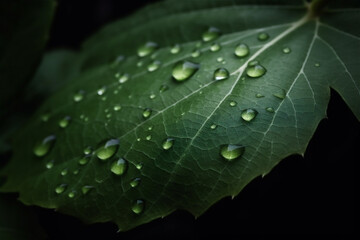 Canvas Print - Beautiful large drop morning dew in nature, selective focus. Drops of clean transparent water on leaves. Spring summer natural background. AI generated content