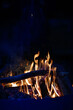 Close-up of a campfire. Fire burning brightly with a big yellow and orange flame in the dark. Firewood and logs burning to ember and ash. Enjoying the warmth of the fire at a cold winter night.
