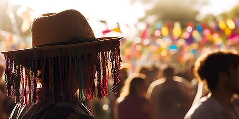 people wearing farmer hat celebrating festa junina. silhouette crowd of people celebrate festas juninas. colorful garland june brazilian festival. sao joao. generative ai illustration