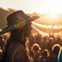 Wall Mural - people wearing farmer hat celebrating festa junina. silhouette crowd of people celebrate festas juninas. colorful garland june brazilian festival. sao joao. generative ai illustration