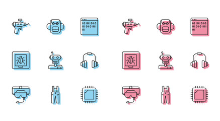 Sticker - Set line Virtual reality glasses, Pants with suspenders, Ray gun, Processor CPU, Robot, Headphones, Insects in frame and School backpack icon. Vector