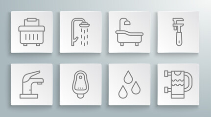 Sticker - Set line Water tap, Shower, Toilet urinal or pissoir, drop, Heated towel rail, Bathtub, Pipe adjustable wrench and Toolbox icon. Vector