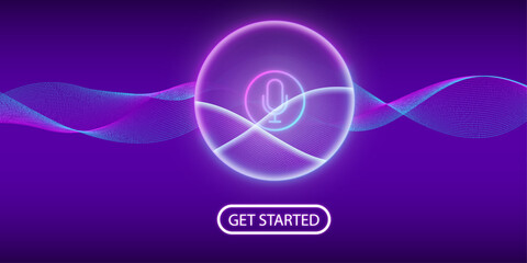 Artificial intelligence concept. Button icon microphone. Banner for web site or mobile app. Landing page with ai personal voice assistant. Vector illustration.