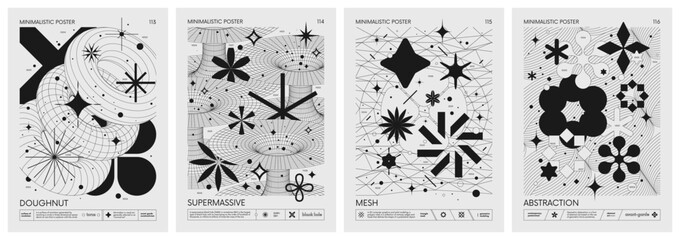 Futuristic retro vector minimalistic Posters with 3d strange wireframes form graphic of geometrical shapes modern design inspired by brutalism and silhouette basic figures, set 29