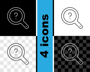 Poster - Set line Unknown search icon isolated on black and white, transparent background. Magnifying glass and question mark. Vector