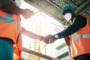 Poster - Creating an alliance thats stronger than concrete. two builders shaking hands at a construction site.