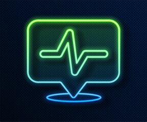 Sticker - Glowing neon line Heart rate icon isolated on blue background. Heartbeat sign. Heart pulse icon. Cardiogram icon. Vector