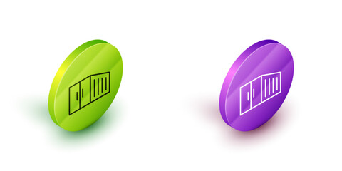 Sticker - Isometric line Container icon isolated on white background. Crane lifts a container with cargo. Green and purple circle buttons. Vector