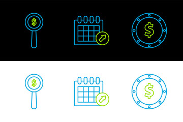 Poster - Set line Coin money with dollar symbol, Magnifying glass and and Calendar icon. Vector