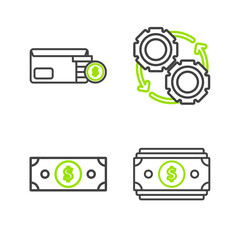 Wall Mural - Set line Stacks paper money cash, Gear and arrows workflow process concept and Envelope with coin dollar symbol icon. Vector