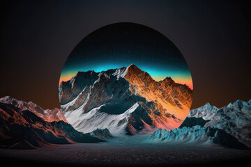 Wall Mural - Creative fluorescent, neon color layout. futuristic circle in the mountains. nature concept. ai generative