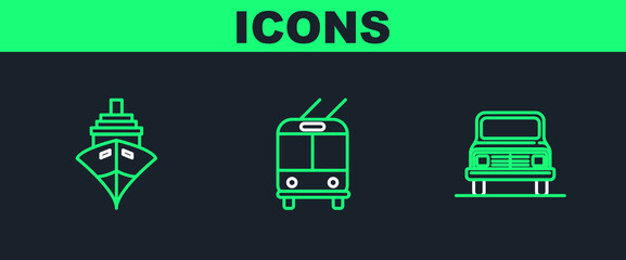 Sticker - Set line Car, Cargo ship and Trolleybus icon. Vector