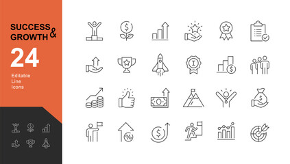success and growth editable icons set. vector illustration in modern thin line style of business ico