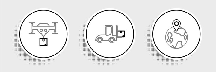 Poster - Set line Worldwide, Delivery drone with the package and Forklift truck icon. Vector