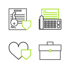 Wall Mural - Set line Briefcase, Heart with shield, Fax machine and Document key icon. Vector