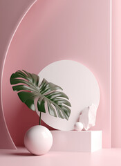 Still life composition with geometric shapes and monstera leaf, on pink background generative ai