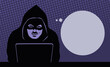 Man hacker and laptop. Cracker man with bubble for text. Modern technology, cyber attack and hacking. Black silhouette with a closed face. Cartoon vector illustration pop art