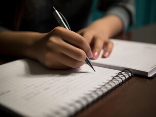 A close-up of hands taking notes with a pen and notebook