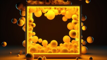 Generative AI, geometric figures, floating spheres and balls in yellow color. Glossy banner, 3D scene effect, modern macro photorealistic abstract background illustration.