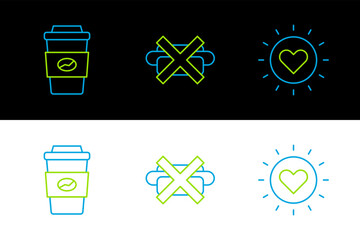 Sticker - Set line Sun, Coffee cup to go and No junk food icon. Vector