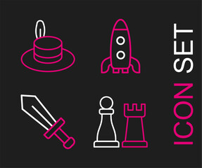 Sticker - Set line Chess, Sword for game, Rocket ship and Man hat icon. Vector