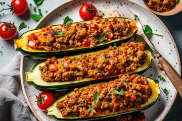 Wall Mural - Stuffed Zucchini Boats With Ground Beef And Tomatoes On White Plate. Generative AI