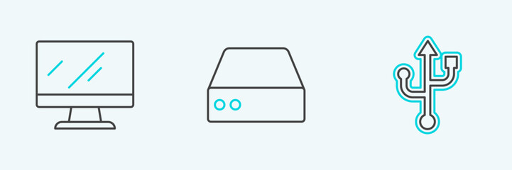 Aufkleber - Set line USB, Computer monitor screen and Server, Data, Web Hosting icon. Vector