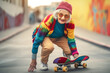© colnihko - Nice old skateboarder wears vivid clothes and skateboarding down the city street. Generative AI illustration