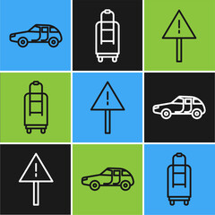 Sticker - Set line Car, Exclamation mark in triangle and Suitcase icon. Vector