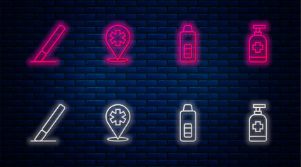 Wall Mural - Set line Location hospital, Digital thermometer, Surgery scalpel and Antibacterial soap. Glowing neon icon on brick wall. Vector