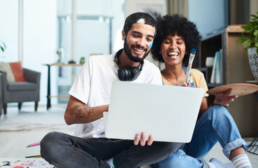 Poster - Heres some awesome ideas for dates at home. a young couple using a laptop while painting at home.