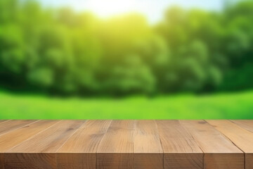 Wall Mural - Empty wooden table with blurred natural green background. Wooden planks with space for product design. Created with Generative AI