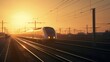 High speed train silhouette in motion at sunset. Fast moving modern passenger train on railway platform Generative AI