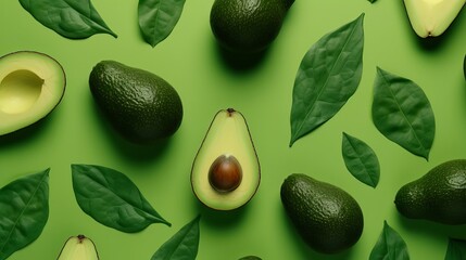 Wall Mural - Fresh avocado pattern on a green background flat lay Generative AI