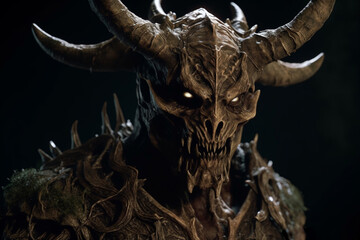 Close-up of the head of a demon monster with horns on a black background Created with generative Ai