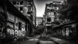 Abandoned buildings in the city. Black and white photo. Created with generative Ai