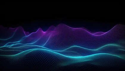 Technology background with connected dots on 3D wave landscape. Data science, particles, digital world, virtual reality, cyberspace, metaverse concept