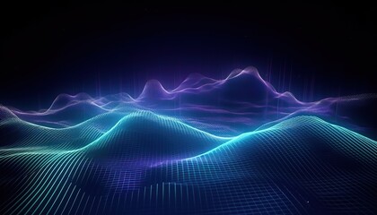 technology background with connected dots on 3d wave landscape. data science, particles, digital wor