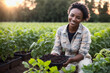 Portrait of the smiling happy young woman horticulturist eco farm worker on fertile soil with harvest organic potatoes. Concept of ecological environment. Generative AI