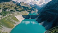 Water Dam And Reservoir Lake In Swiss Alps Mountains Producing Sustainable Hydropower, Hydroelectricity Generation, Renewable Energy To Limit Global Warming, Aerial View, Decarbonize, Summer