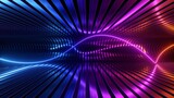 Fototapeta Przestrzenne - 3d render. Abstract futuristic neon background. Rounded red blue spiral and helix, glowing against a backdrop of metal strips. Ultraviolet spectrum. Cyber space.