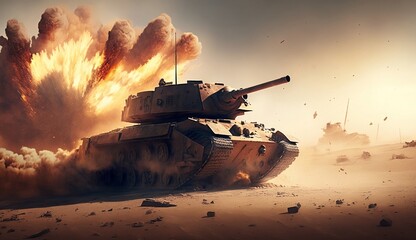 armored tank crosses a battlefield during a war conflict, scene of fire in the desert, wide poster design