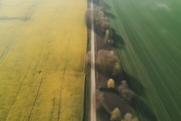 Wall Mural - Green field, aerial view. Field after cutting grass and hay. Drone view of the field in countryside. Farmland Top view. Sowing seeds on a plantation near farm created with Generative AI technology